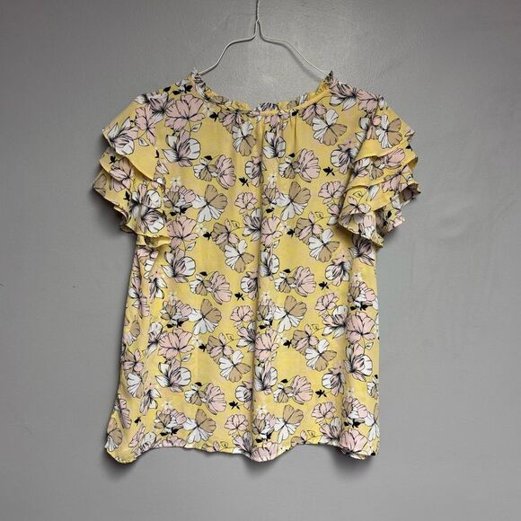 Liz Claiborne Yellow Blouse top size XL Butterflies flutter sleeve women’s - Picture 3 of 3